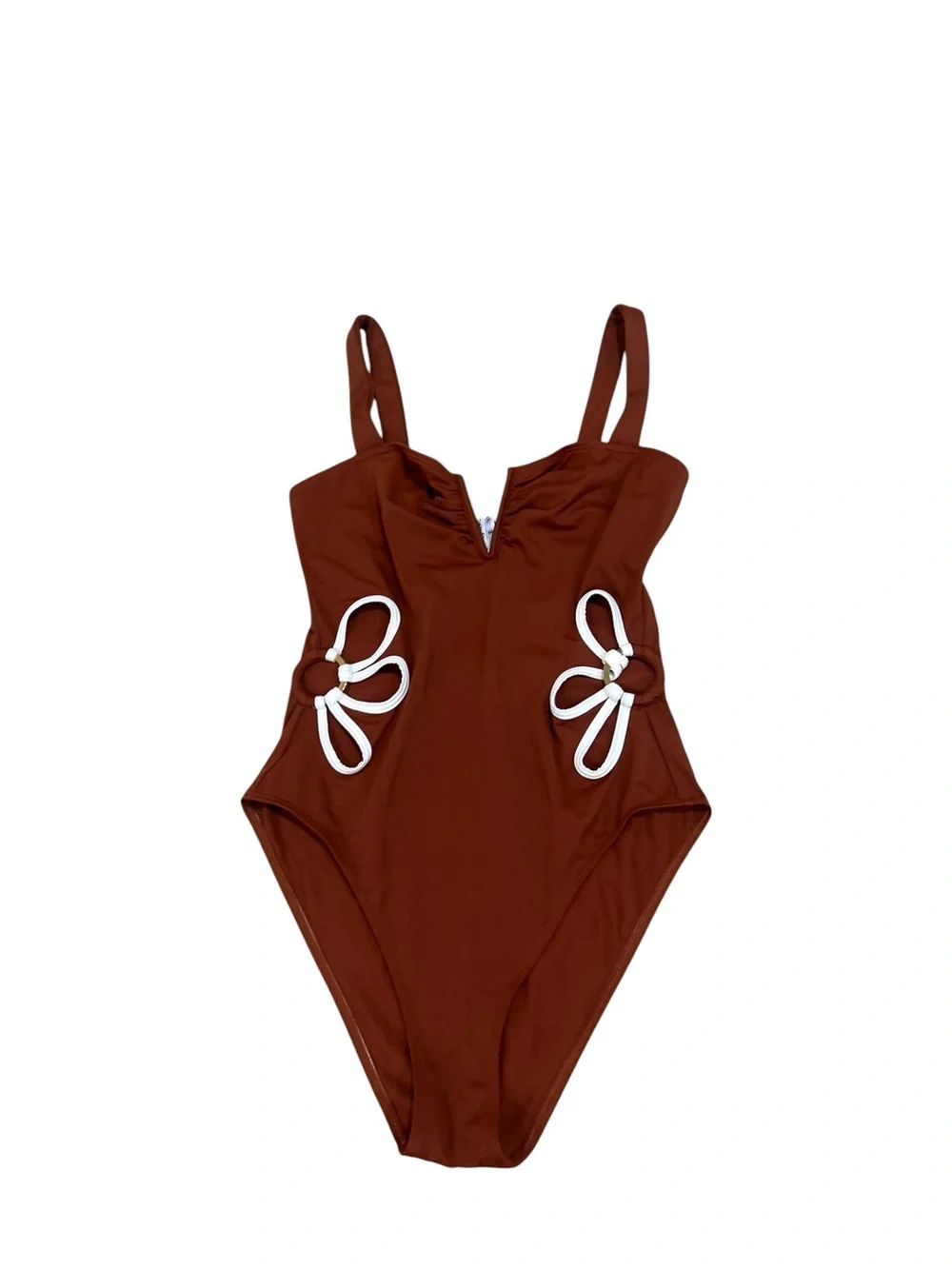 Follow Suit One-Piece Swim Suit cognac floral cutout White Trim gold ring large